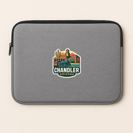 a gray laptop sleeve with a colorful graphic of Chandler Arizona on it.