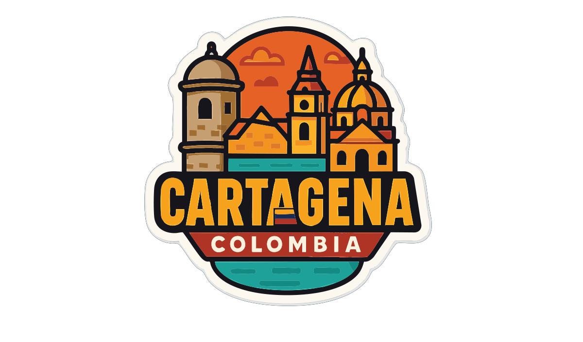 A sticker or emblem featuring the city of Cartagena, Colombia, with a stylized illustration of the city's architecture and landmarks.