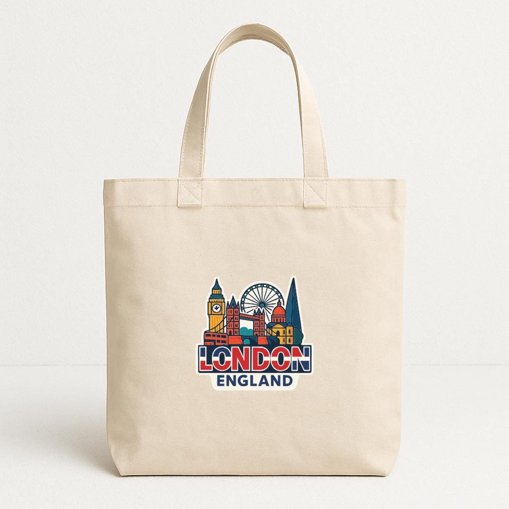 A beige tote bag with a printed design of London landmarks and the text "LONDON ENGLAND" printed on it.