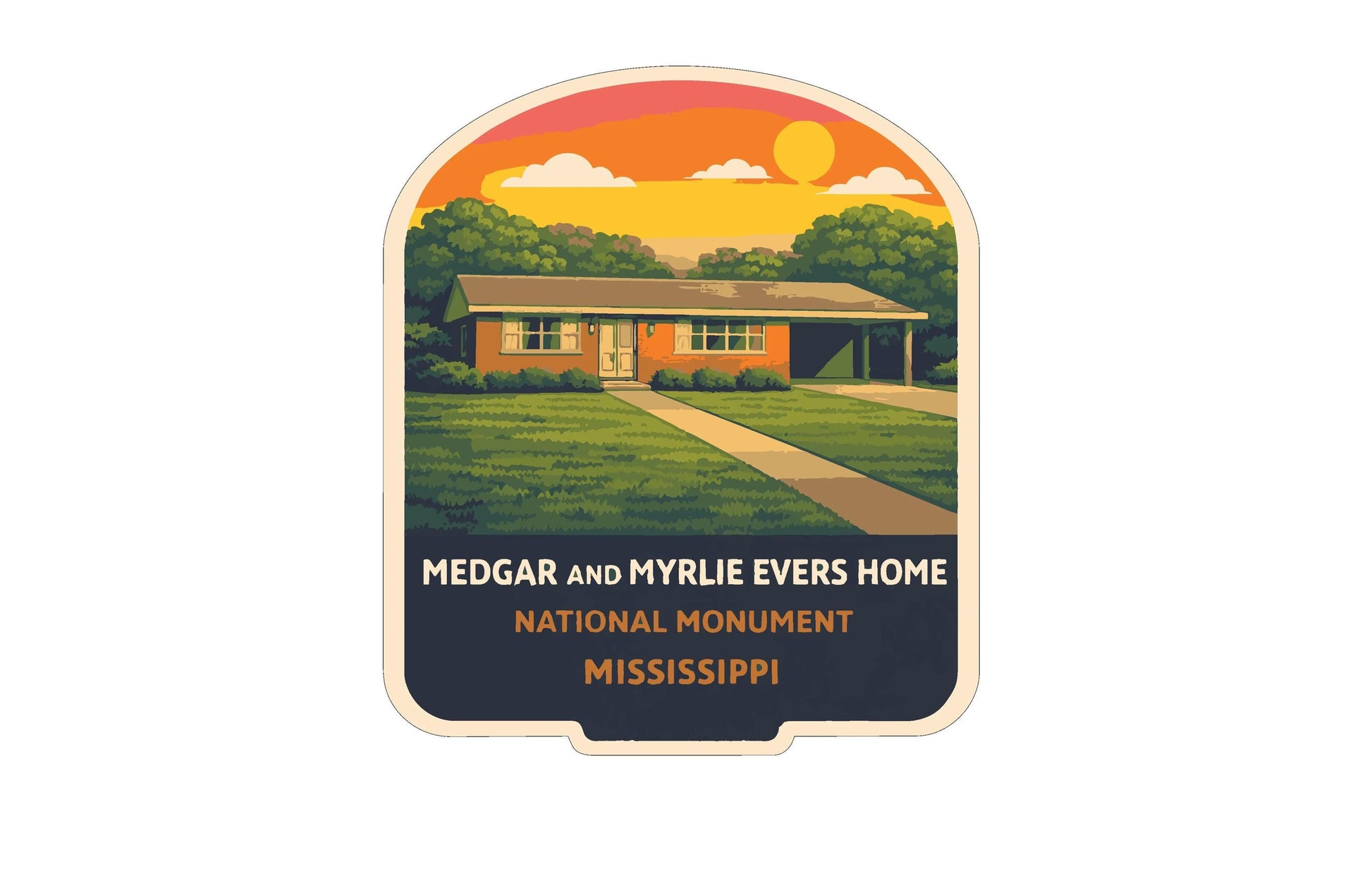 a house with a porch, surrounded by a grassy lawn and trees, with a sunset in the background.