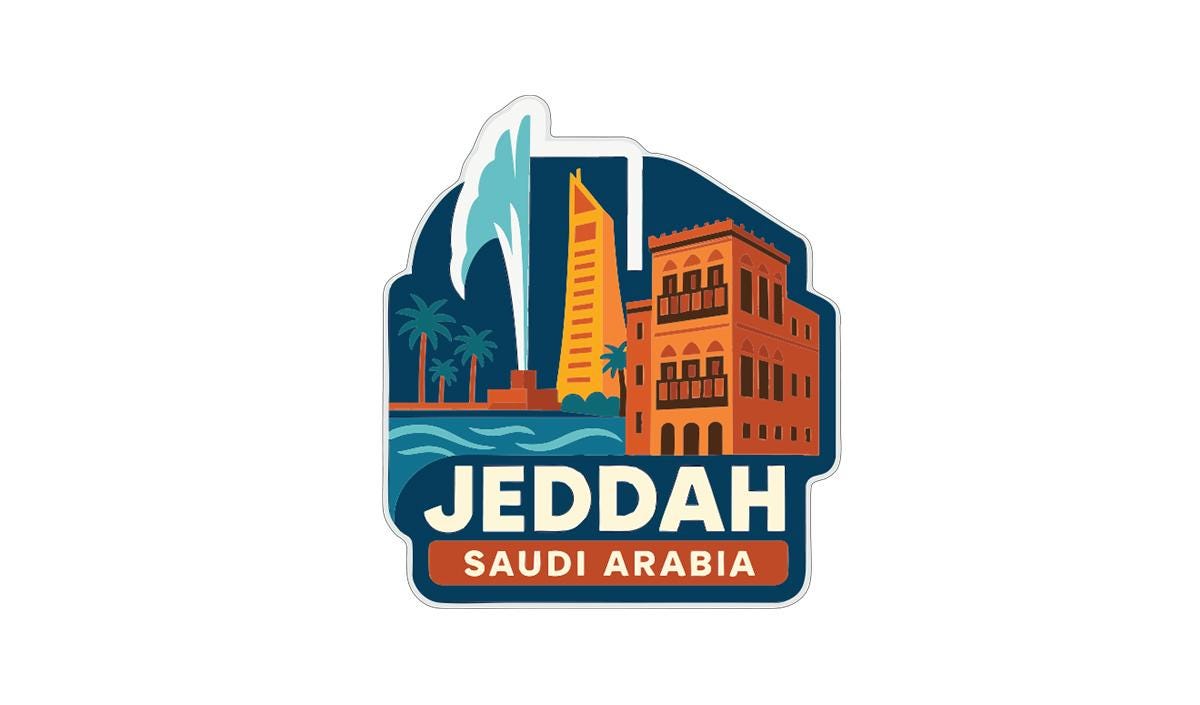 a stylized illustration of the city of Jeddah, Saudi Arabia, with various landmarks and buildings depicted.