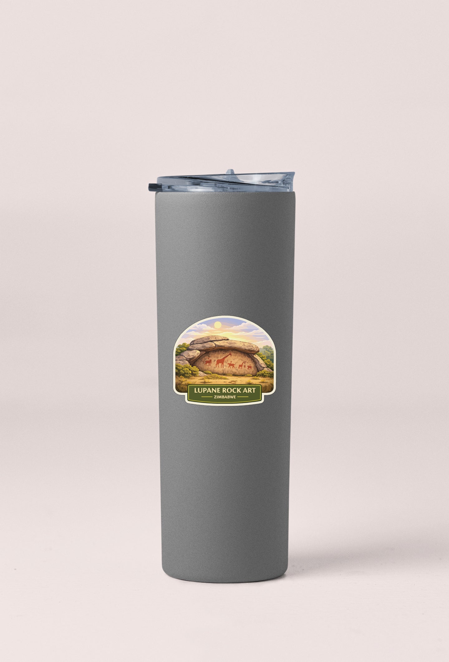 A gray cylindrical container with a lid and a label that says "LUPANE ROCK ART" and "CHIPPEWA WOODS".