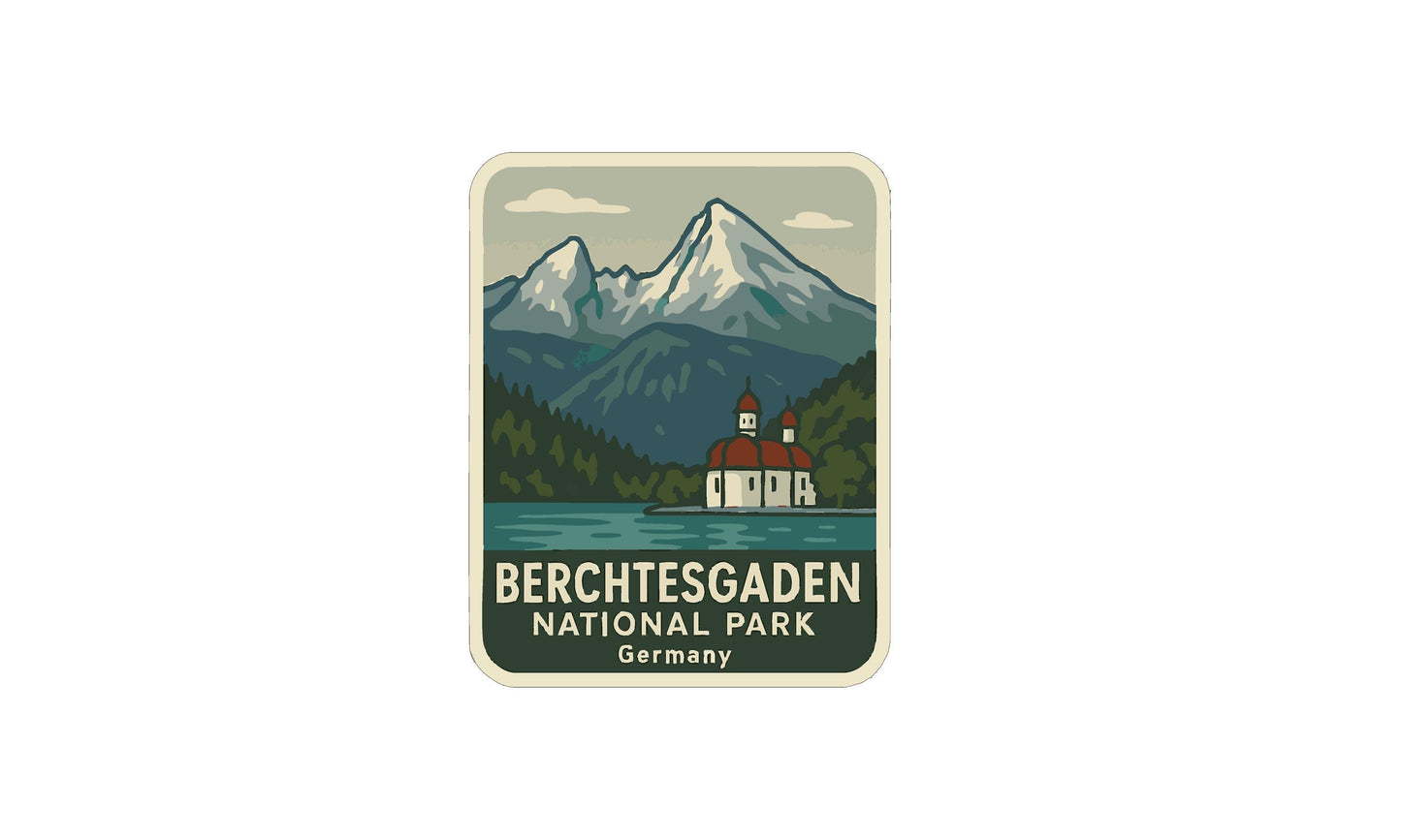 a sticker or label with a mountain landscape and a church, representing the Berchtesgaden National Park in Germany.