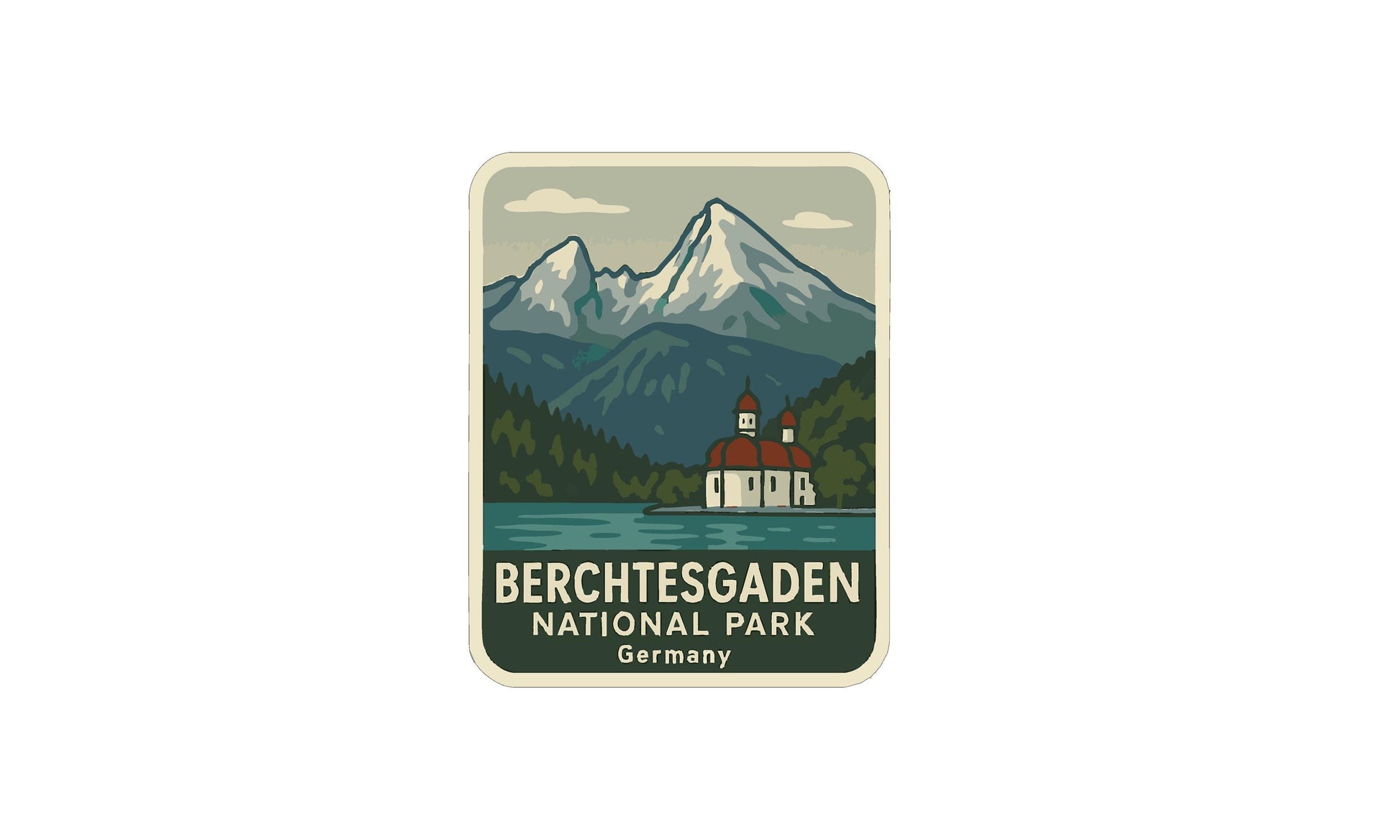 a sticker or label with a mountain landscape and a church, representing the Berchtesgaden National Park in Germany.