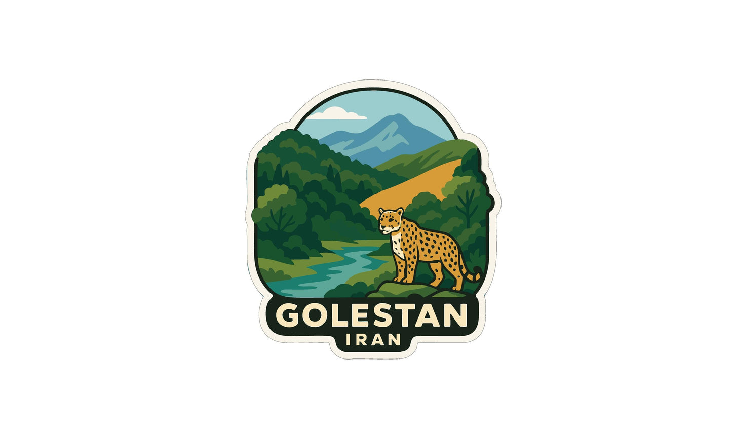 A sticker or emblem featuring a cheetah in a natural landscape with mountains in the background.