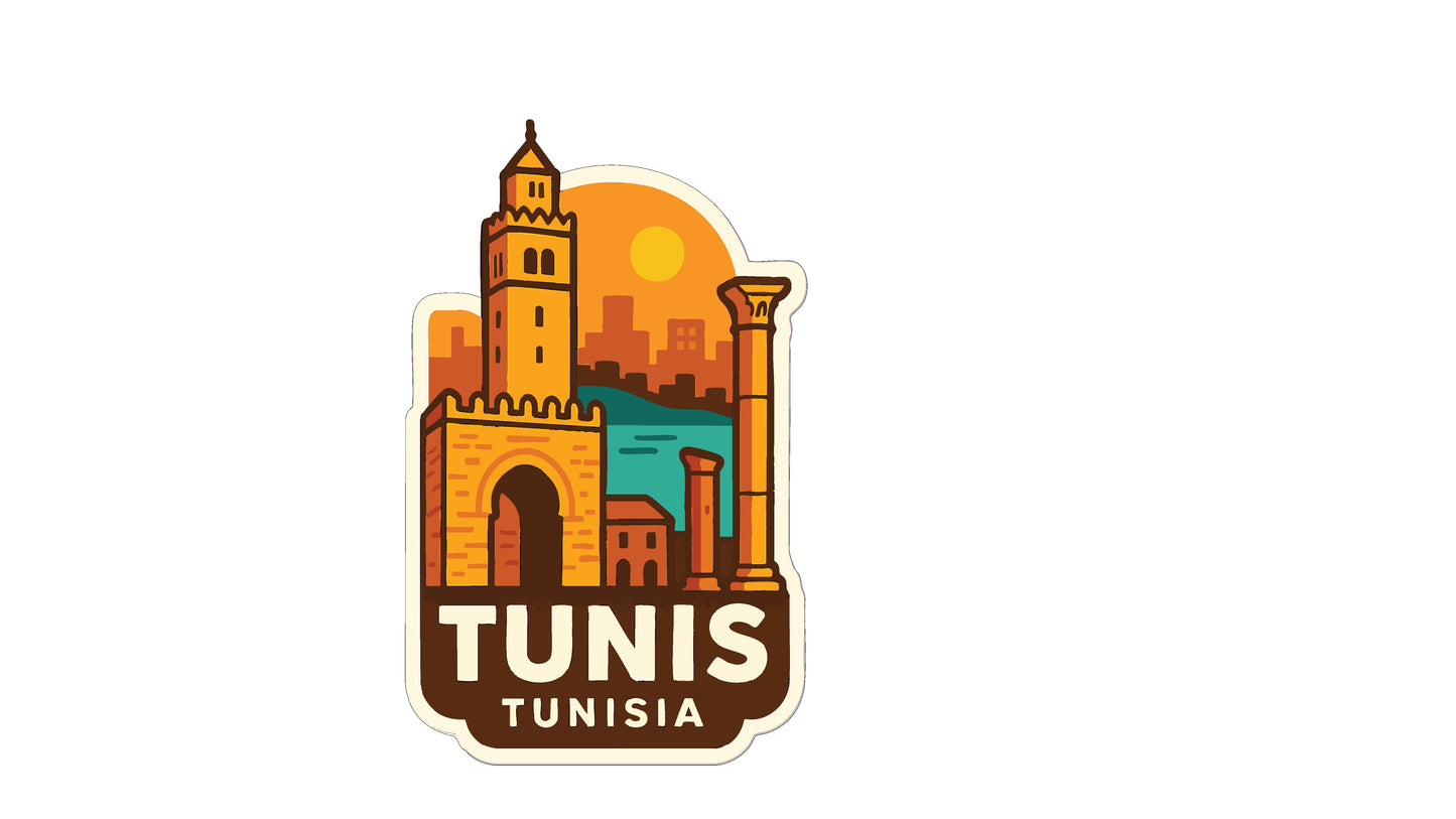a stylized illustration of a cityscape with a prominent tower, representing the city of Tunis, Tunisia.