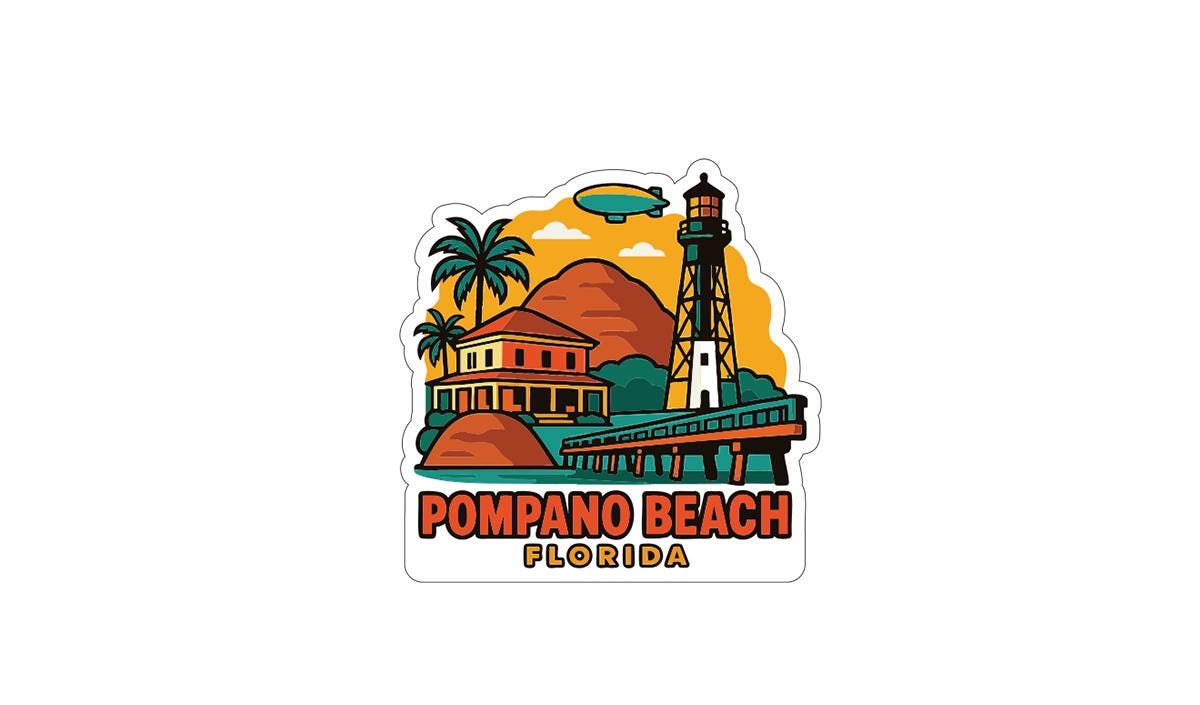 A sticker depicting the landmarks and scenery of Pompano Beach, Florida.