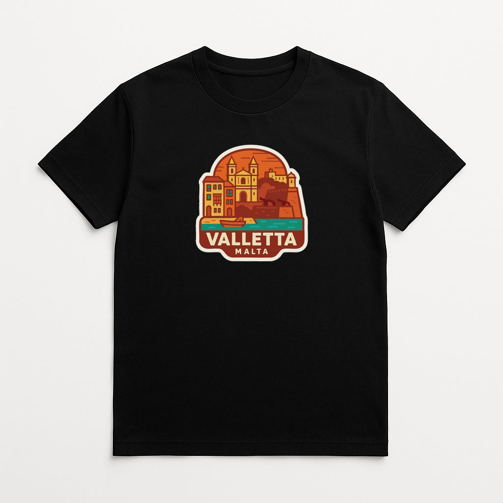 A black t-shirt with a graphic design depicting a castle and buildings, along with the text "VALLETA MALTA".