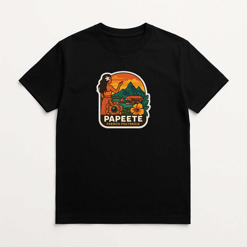 A black t-shirt with a colorful graphic design depicting a hula girl, a tropical landscape, and the text "PAPEEE" in the center.