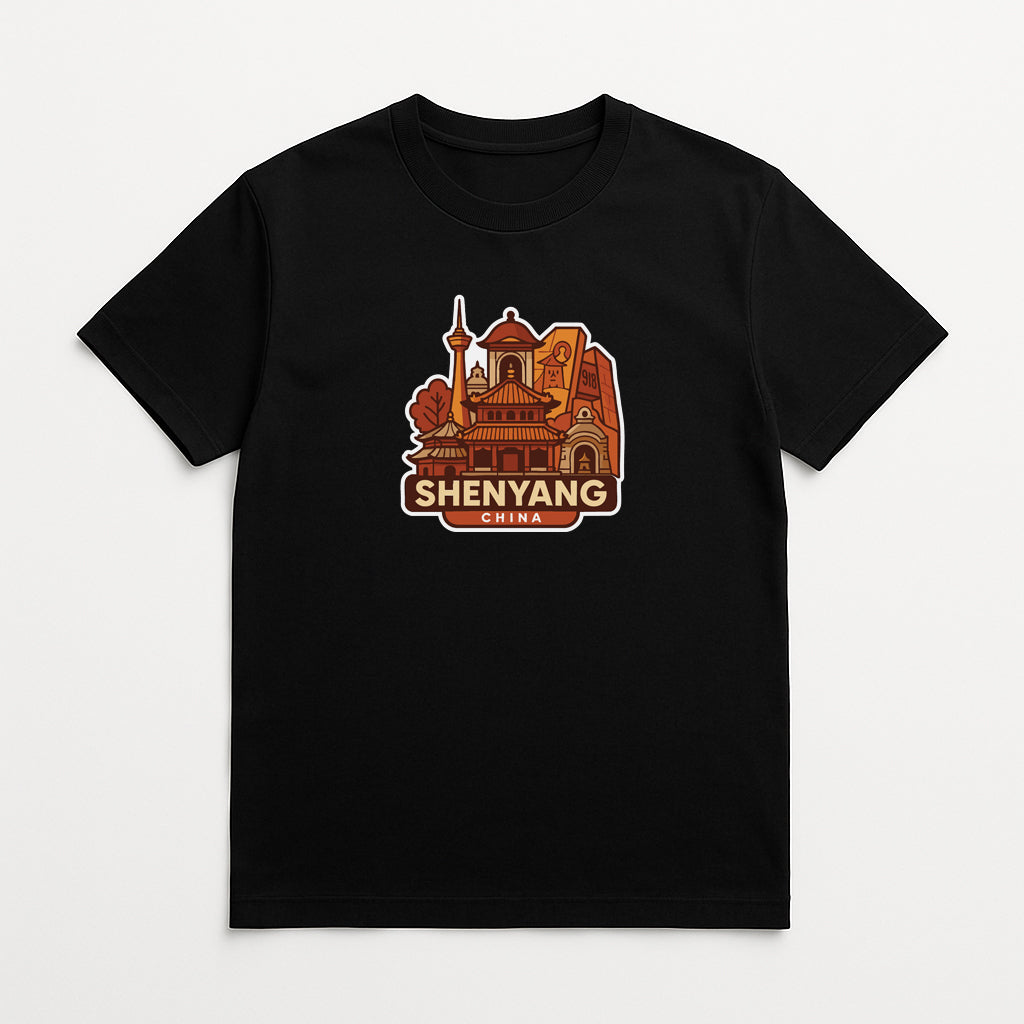 A black t-shirt with a graphic design depicting a cityscape with a prominent tower and the text "Shenyang" below it.