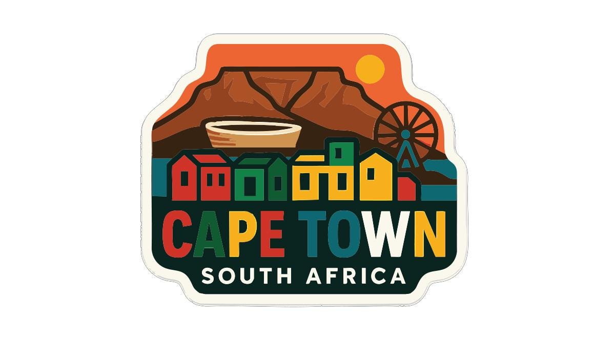 a colorful sticker or logo depicting a cityscape with buildings, a ferris wheel, and a mountain in the background, along with the text "Cape Town South Africa".