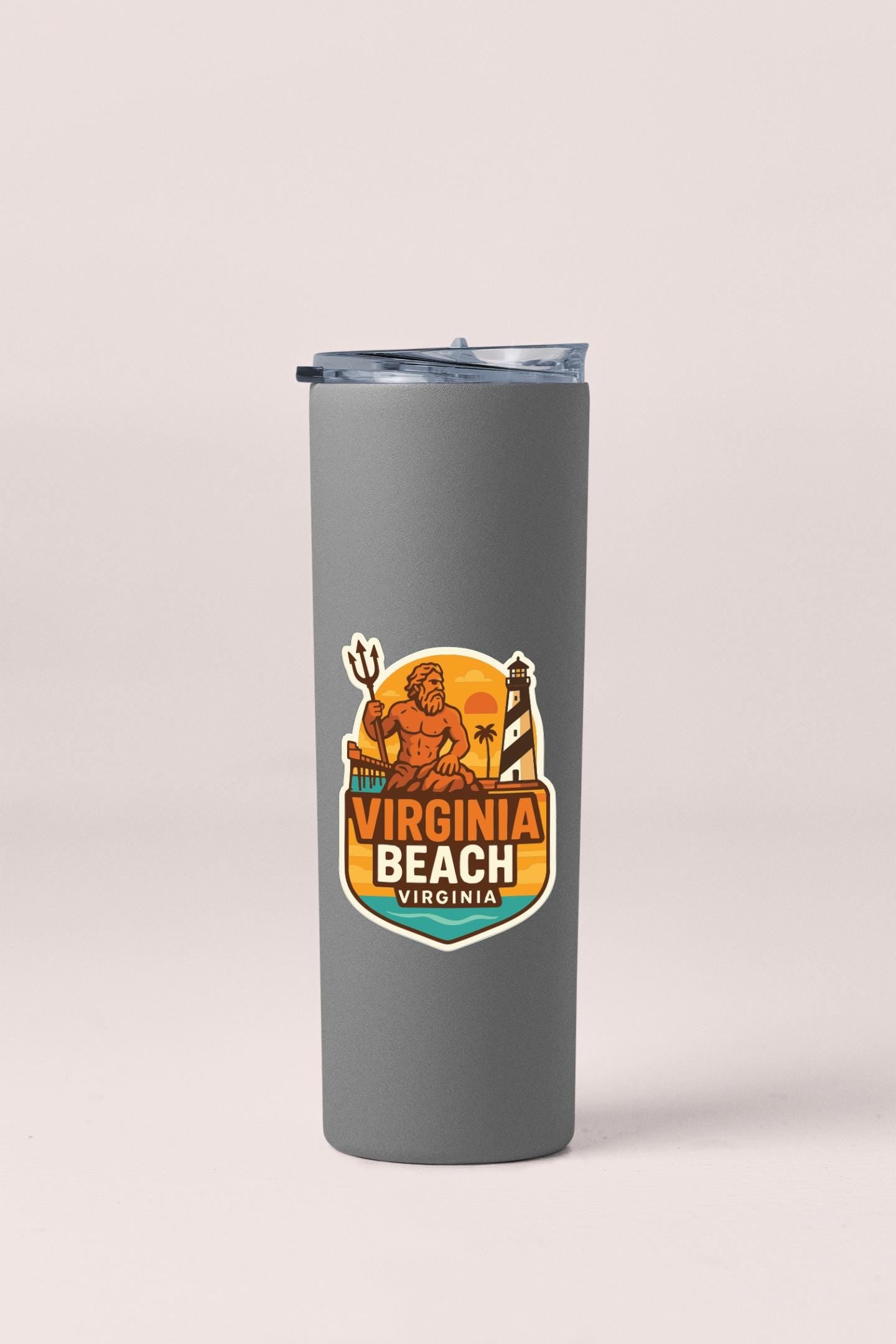 A gray insulated tumbler with a printed label that says "VIRGINIA BEACH VIRGINIA".