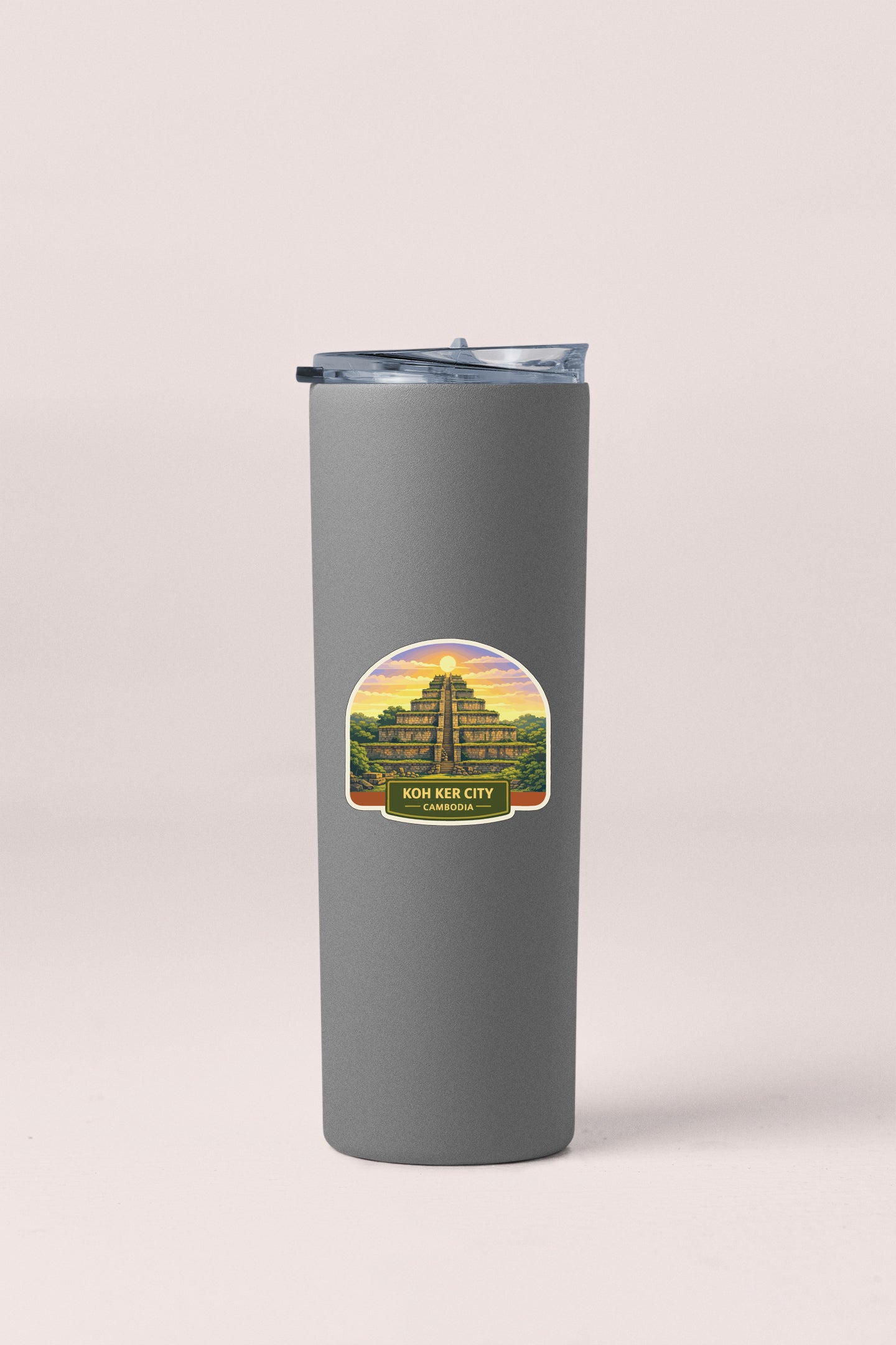 A gray tumbler with a label that says "KOHKER CITY CAMBODIA" on it.