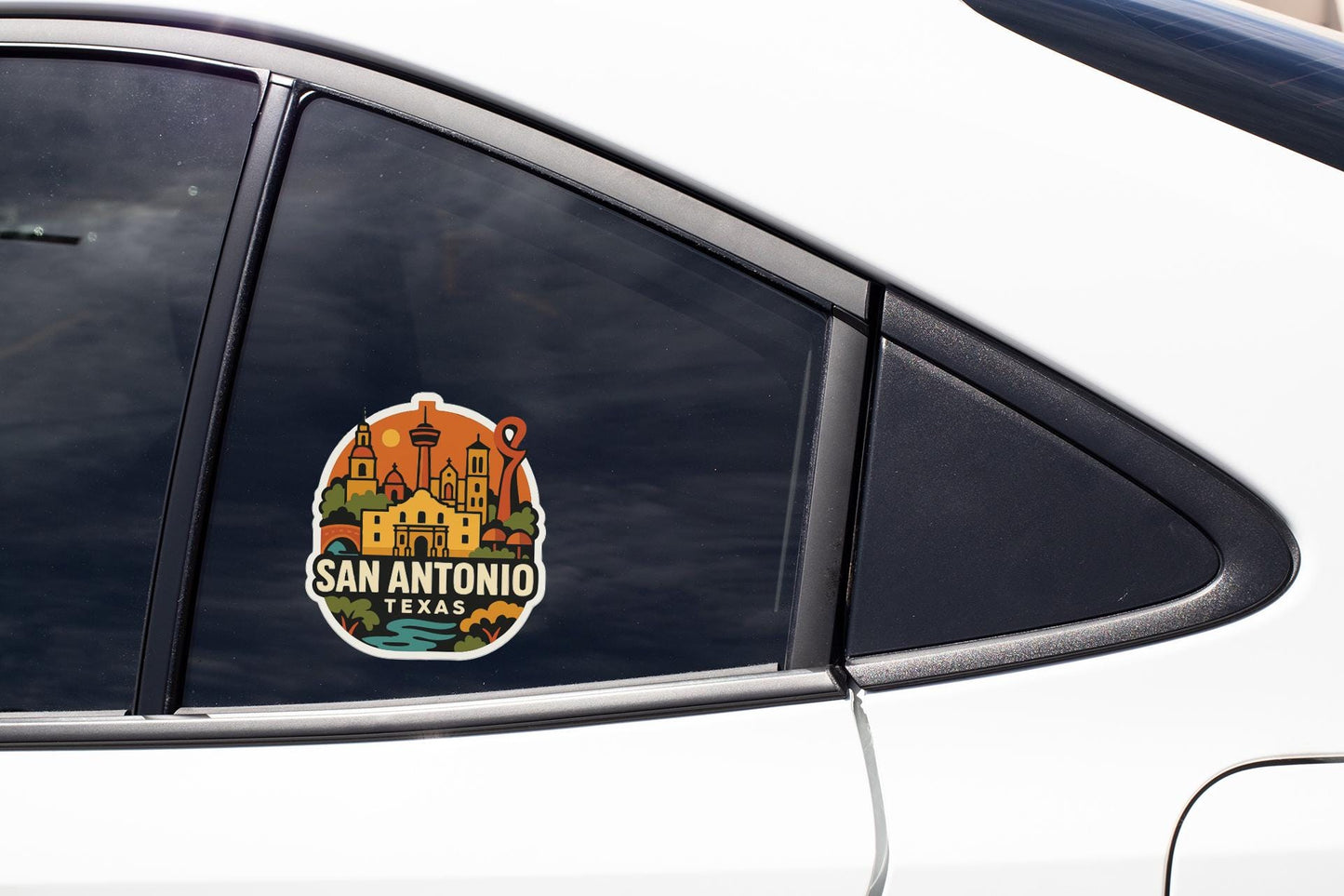 A car window with a sticker that says "SAN ANTONIO TEXAS" on it.
