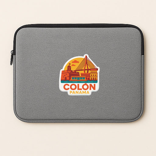 a gray laptop sleeve with a sticker depicting a cityscape and the text "COLON PANAMA".