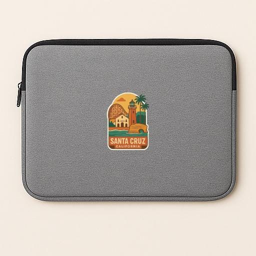 A gray laptop sleeve with a sticker of Santa Cruz, California.
