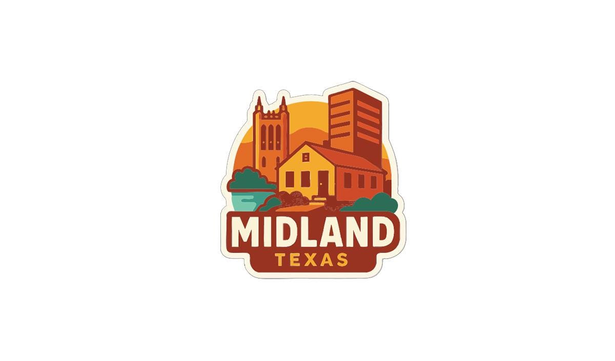 A stylized logo for Midland, Texas, featuring a building and a sunset in the background.