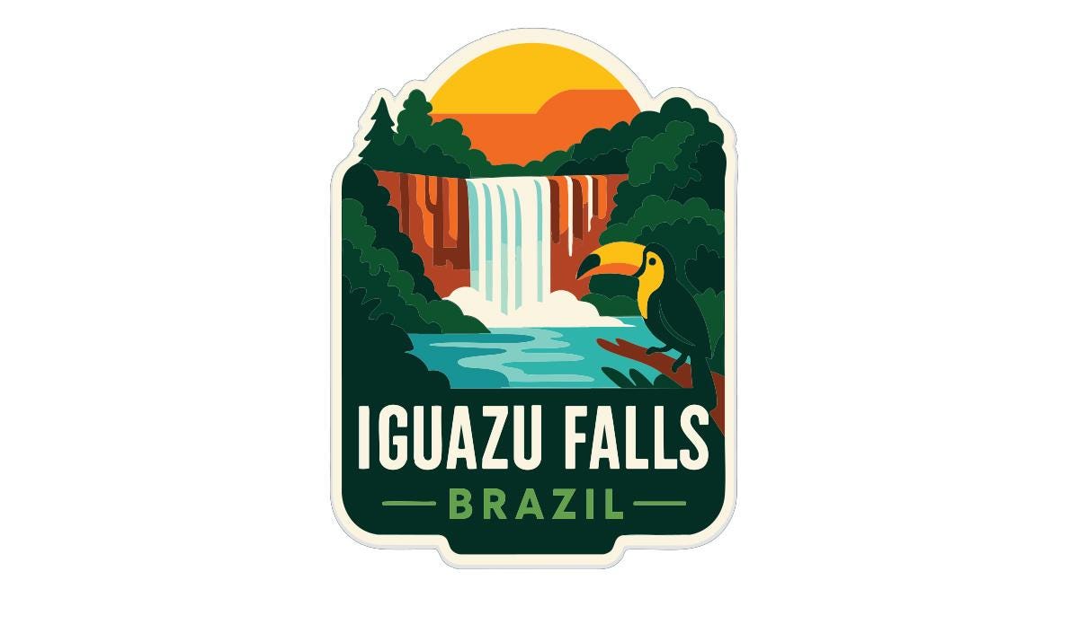 A sticker depicting the scenic waterfall in Iguazu Falls, Brazil, with a tropical bird perched on a tree branch in the foreground.