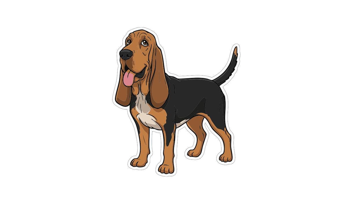 A cartoon illustration of a dog with a friendly expression, standing on all fours and looking to the side.