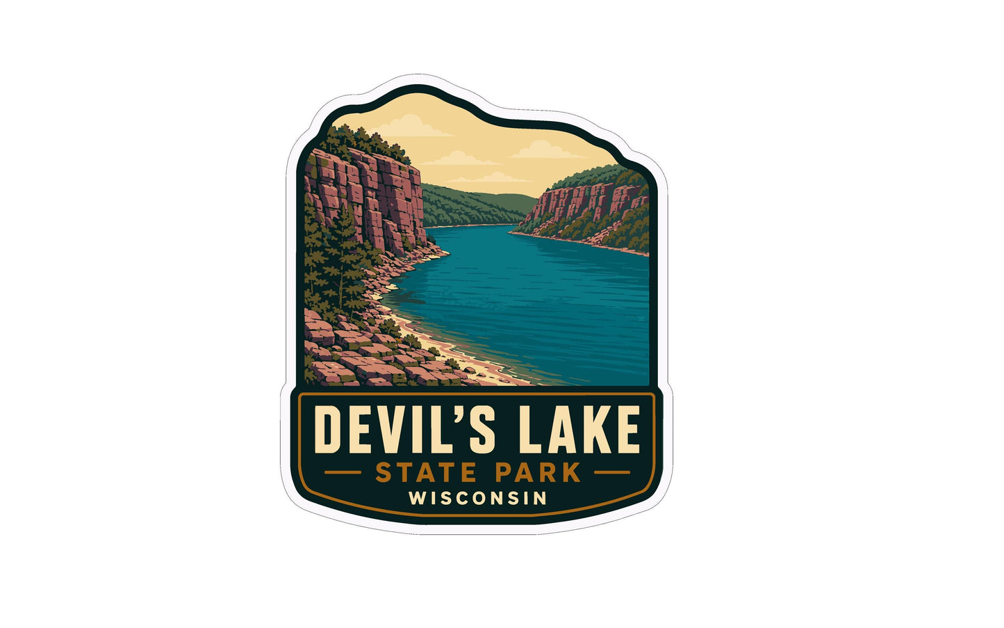 A sticker depicting a scenic landscape with a river, cliffs, and a sky with clouds, with the text "Devil's Lake State Park Wisconsin" prominently displayed.