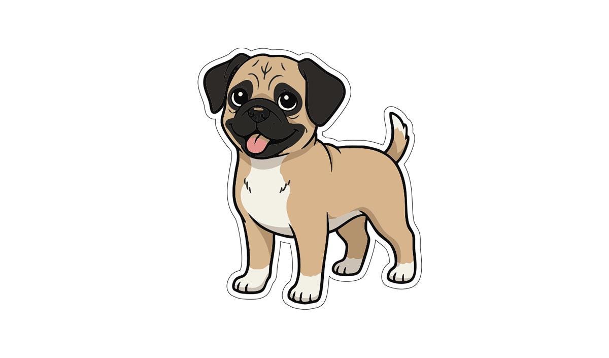 A cartoon illustration of a pug dog with a friendly expression.