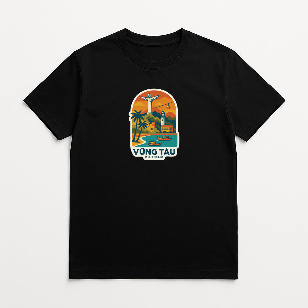 A black t-shirt with a colorful graphic design depicting a tropical beach scene, including a palm tree, a lighthouse, and a boat.