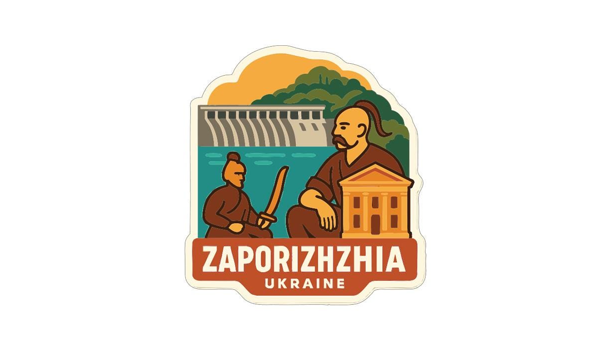 a sticker or emblem with a man and a woman, along with a building and a body of water. The text "ZAPORIZHZHIA UKRAINE" is displayed prominently, indicating the location or country of the image.