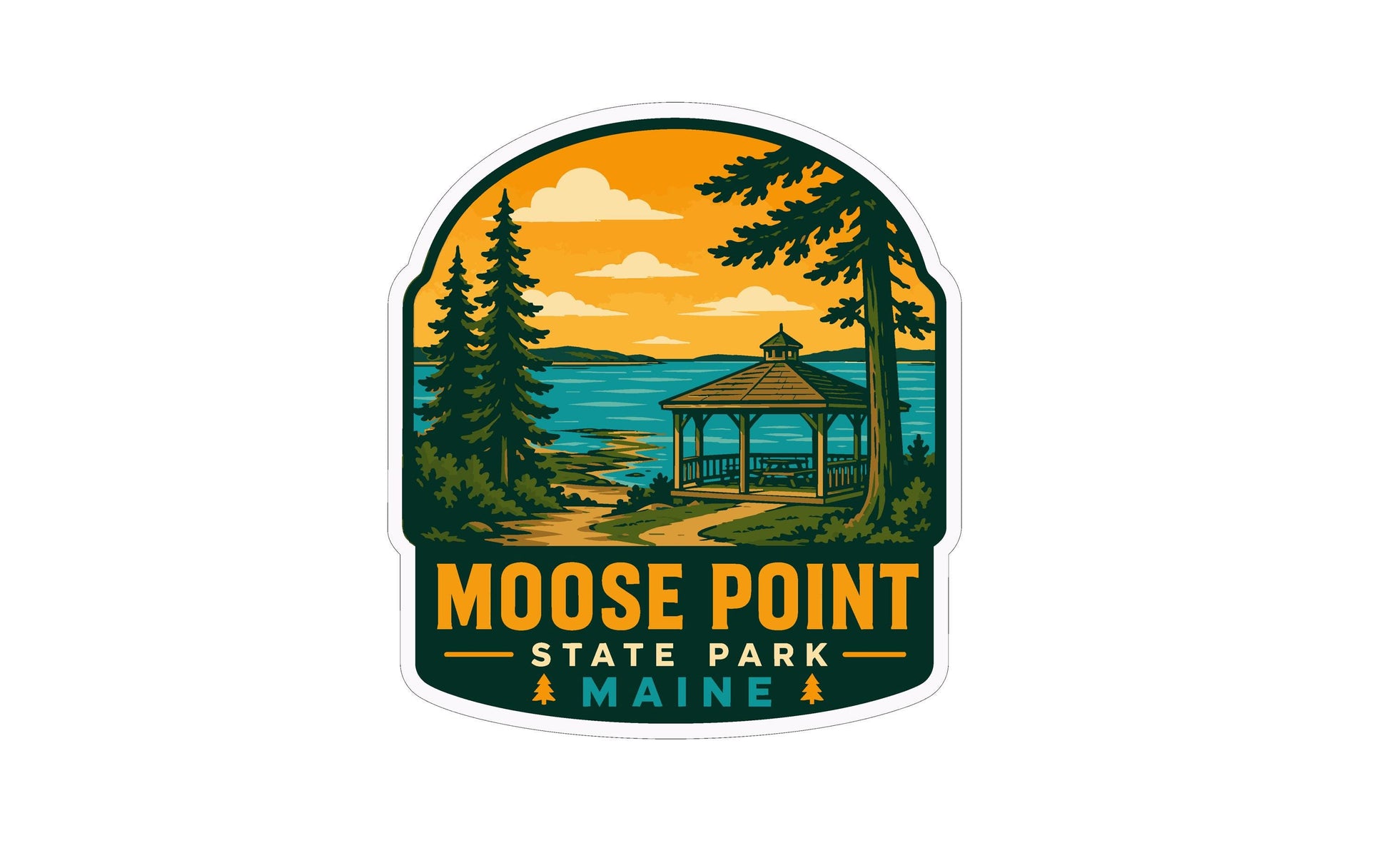 A sticker or logo depicting a scenic view of Moose Point State Park in Maine, featuring a gazebo, pine trees, and a lake with a sunset in the background.