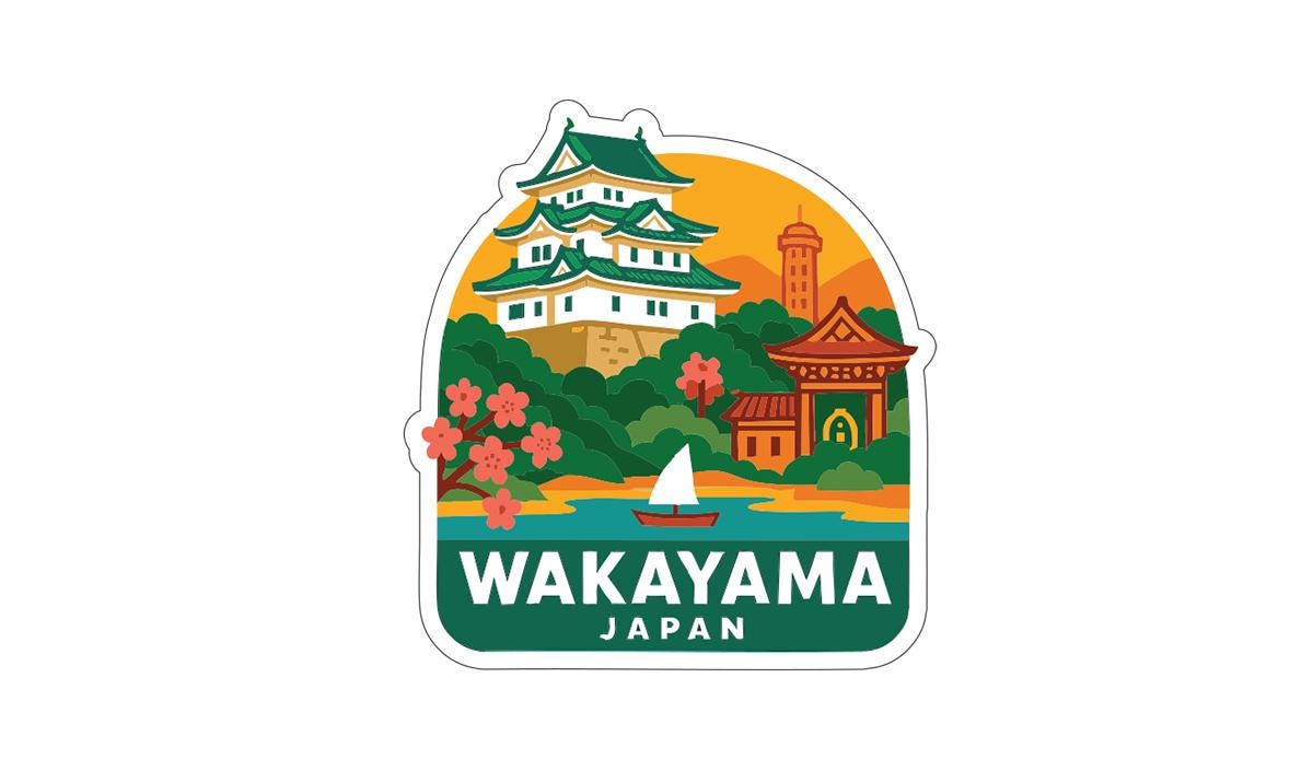 A sticker depicting the famous Japanese castle, known as the "Wakayama Castle", surrounded by a scenic landscape with a small boat and cherry blossom trees.