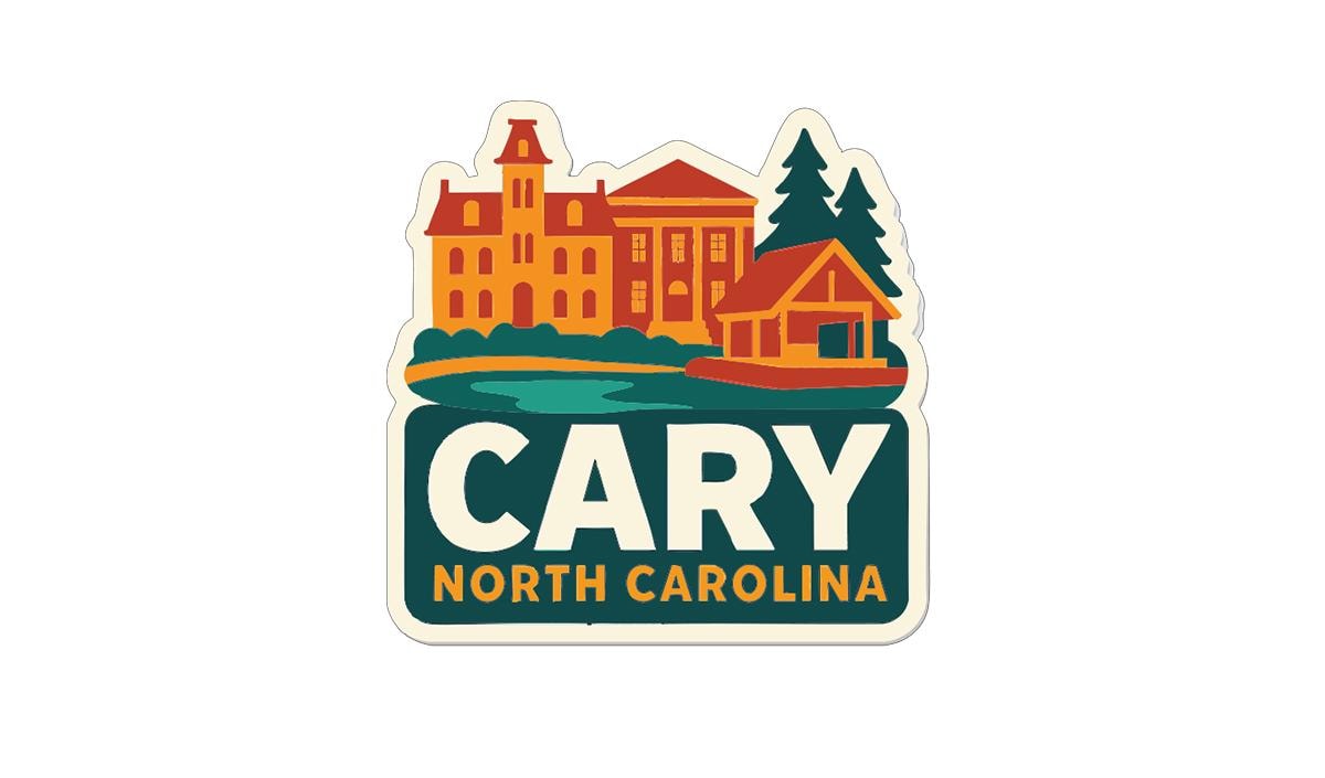A sticker or logo depicting a building with a tower, surrounded by trees and a lake, with the text "CARY NORTH CAROLINA" prominently displayed.