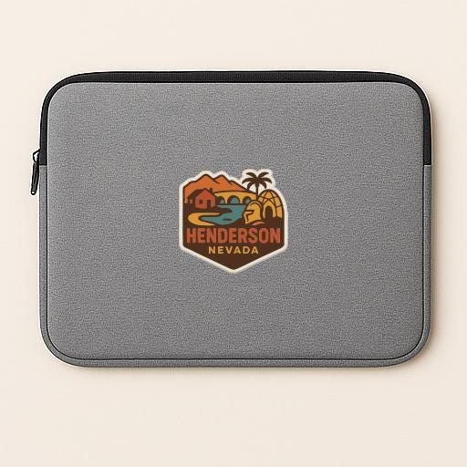 A gray laptop sleeve with a colorful patch that says "Henderson Nevada" on it.