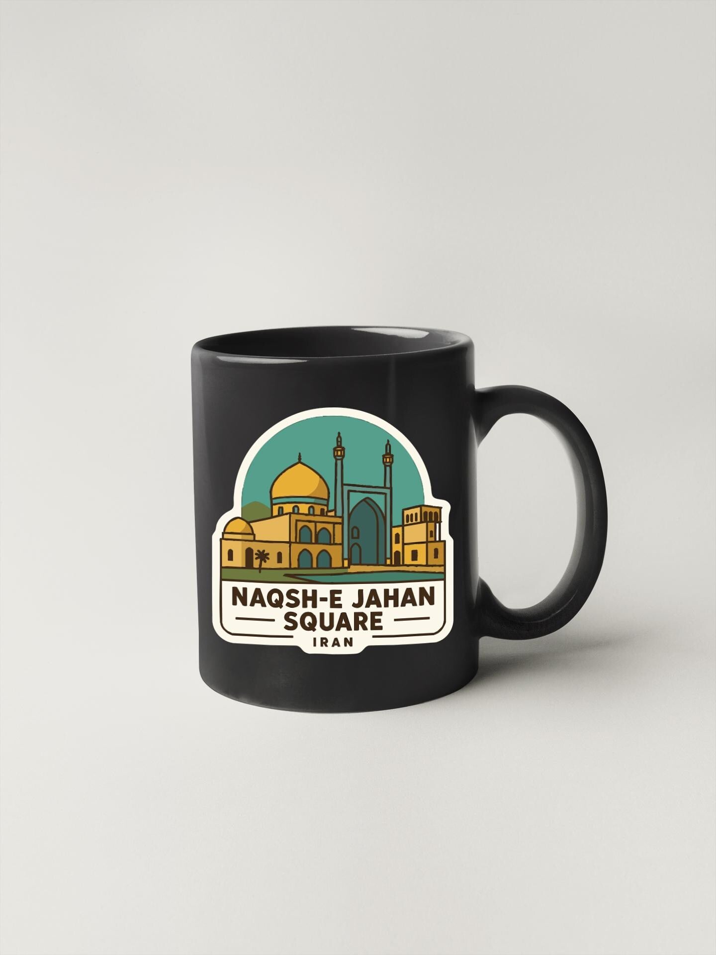 A black coffee mug with a graphic design depicting the Naosh-e Jahan Square in Iran.