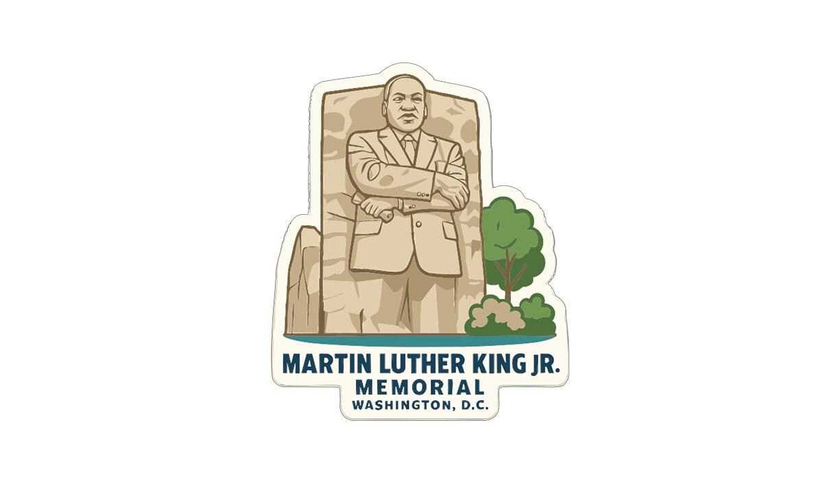 A sticker depicting Martin Luther King Jr. in a seated position, with his arms crossed, and the text "MARTIN LUTHER KING JR. MEMORIAL WASHINGTON, D.C."