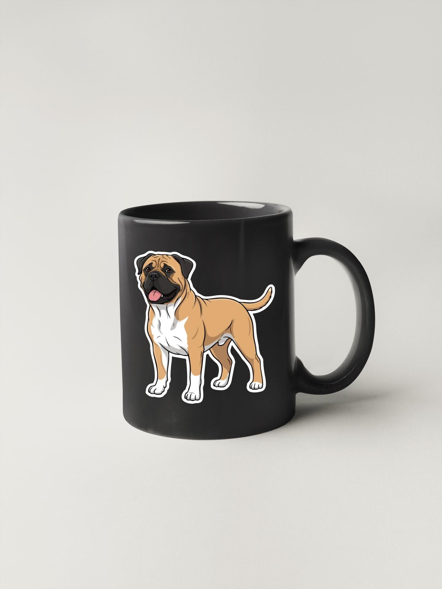 A black mug with a cartoon illustration of a dog on it.