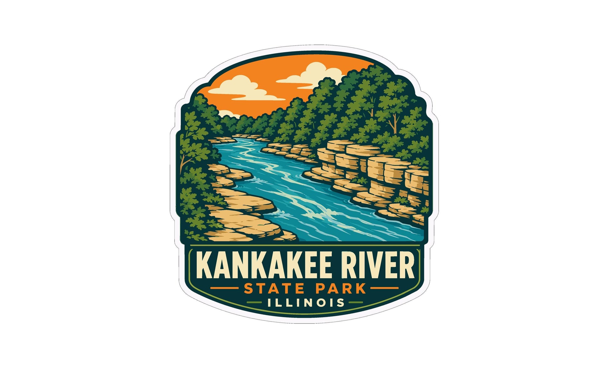 A sticker or emblem featuring a scenic landscape with a river, trees, and a cloudy sky. The text "Kankakee River State Park Illinois" is prominently displayed, indicating the location and name of the park.