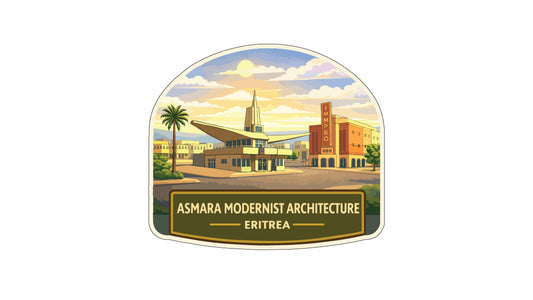a stylized illustration of a modern architectural building with a palm tree in the foreground, set against a backdrop of a cloudy sky.