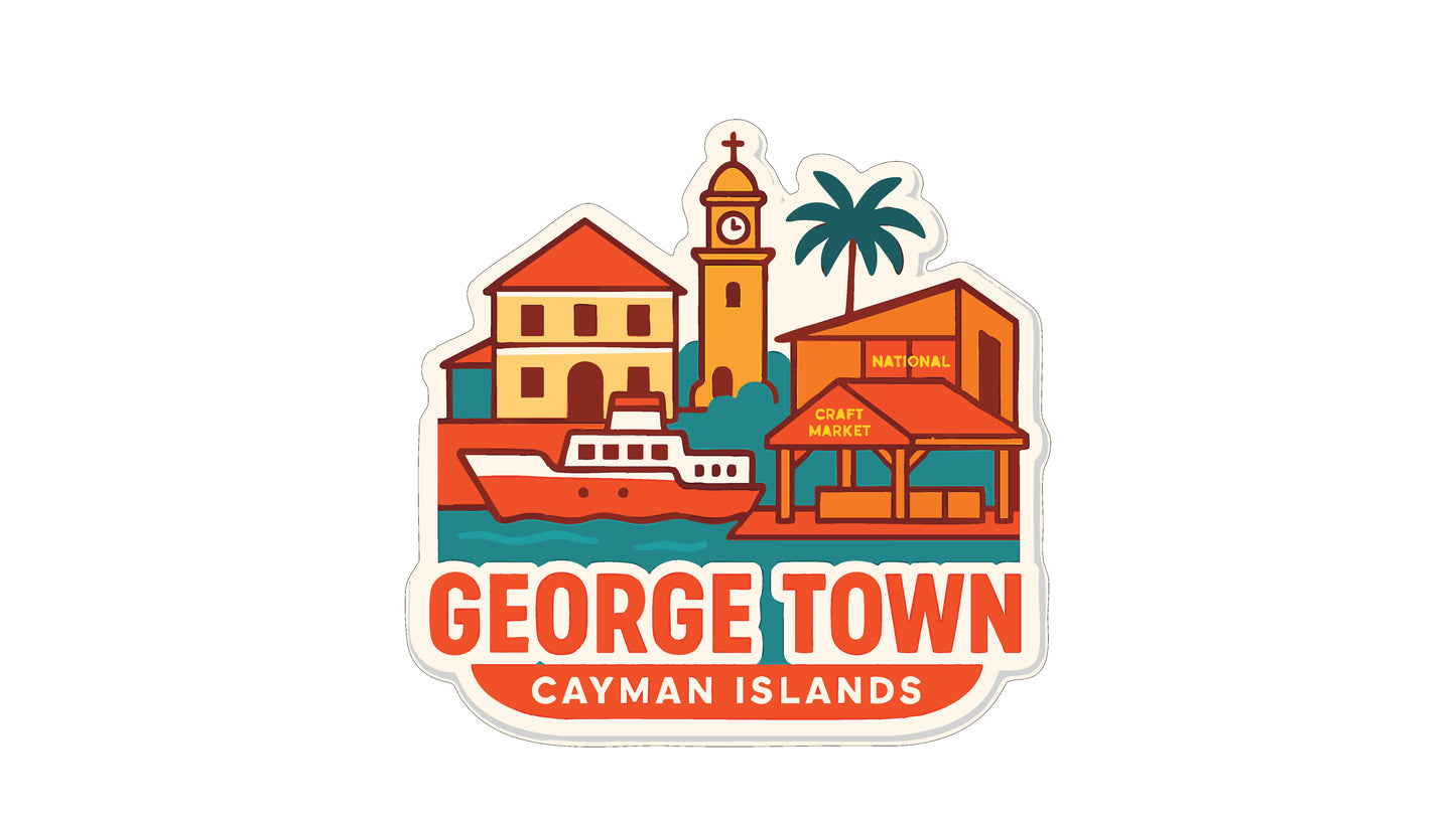 a colorful illustration of a town, with buildings, a clock tower, a boat, and a palm tree, all set against a white background.