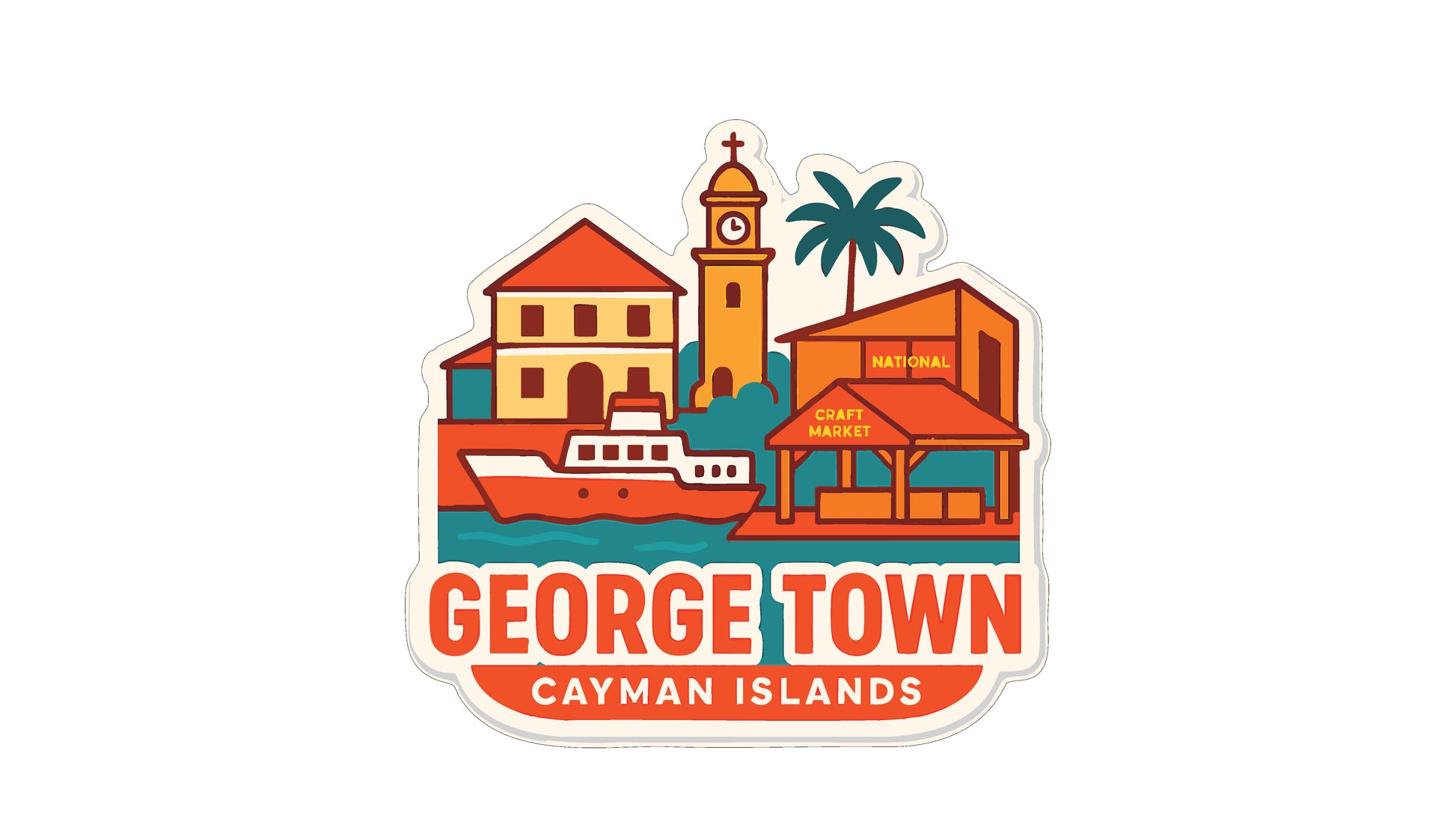 a colorful illustration of a town, with buildings, a clock tower, a boat, and a palm tree, all set against a white background.