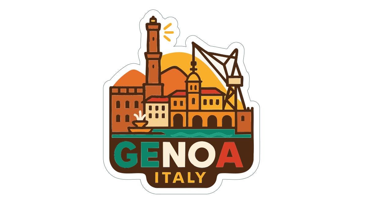 a sticker or logo with a cityscape and a lighthouse, along with the text "GENOA ITALY" prominently displayed.