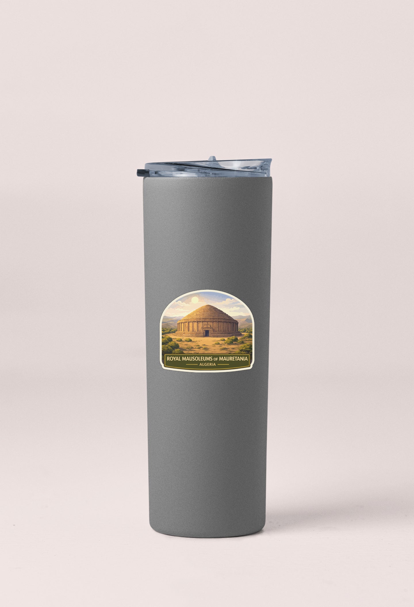 A gray cylindrical container with a lid and a label featuring an image of a building.