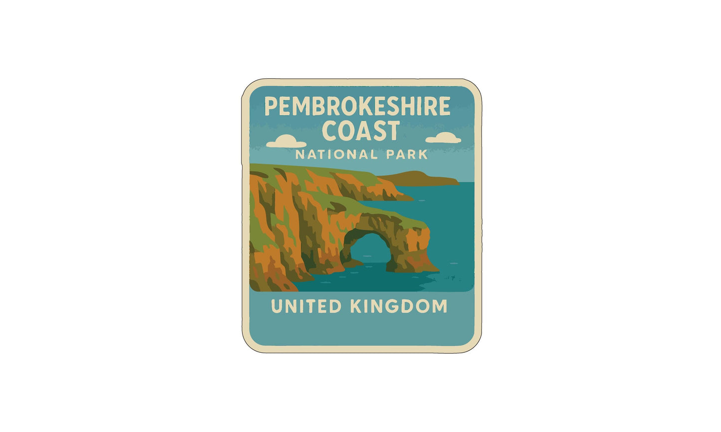 The image is a vintage-style sticker or label for Pembrokeshire Coast National Park in the United Kingdom.