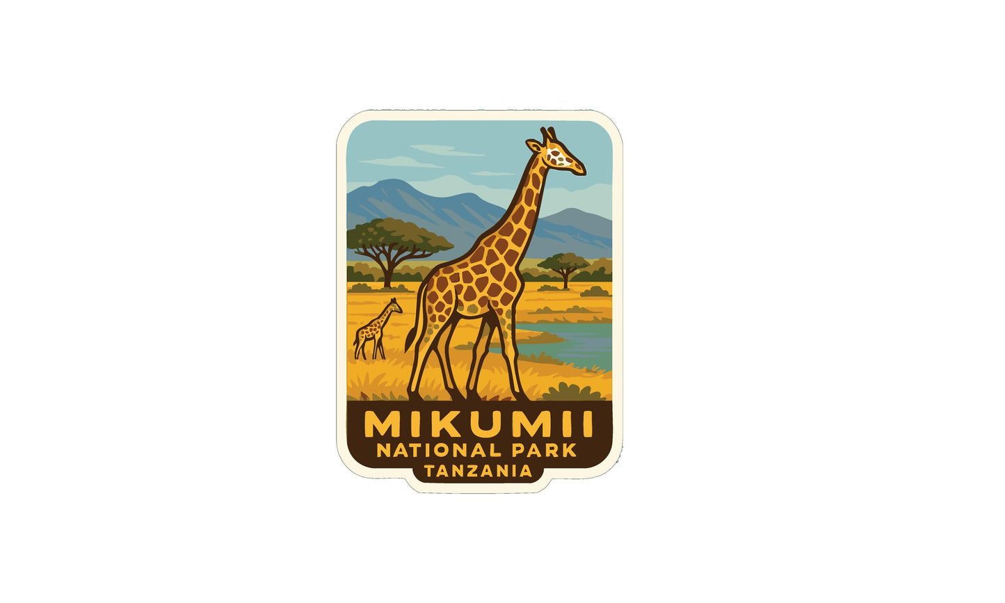 a giraffe standing in a grassy field with mountains in the background, and the text "Mikumii National Park Tanzania" below the giraffe.