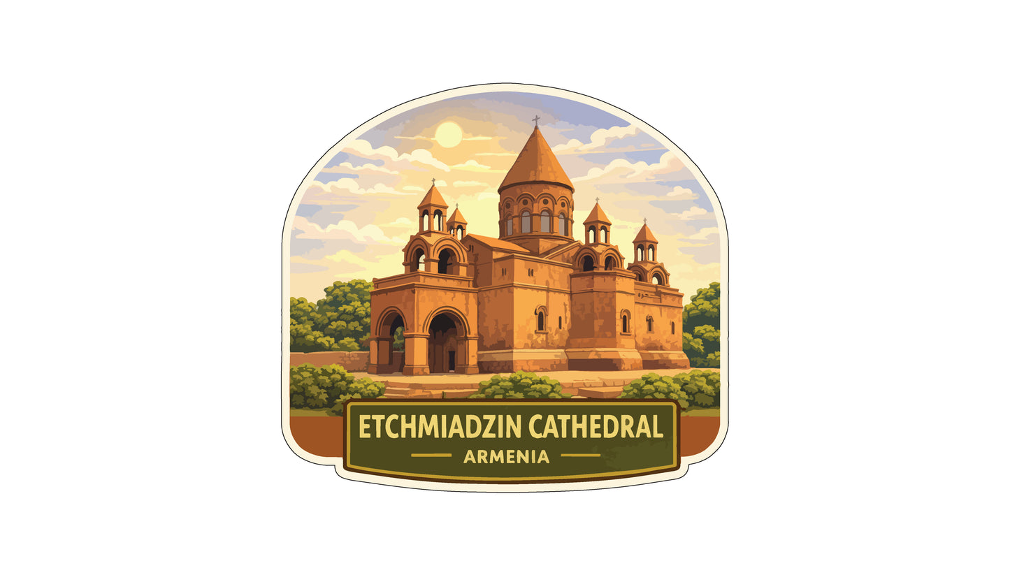 the Echmiadzin Cathedral in Armenia, a large and ornate church with multiple towers and domes.