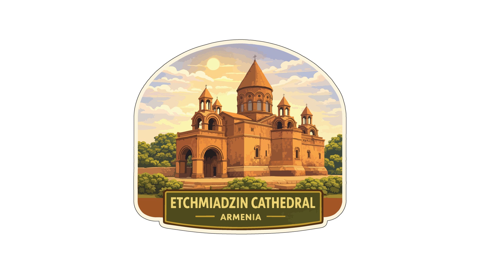 the Echmiadzin Cathedral in Armenia, a large and ornate church with multiple towers and domes.