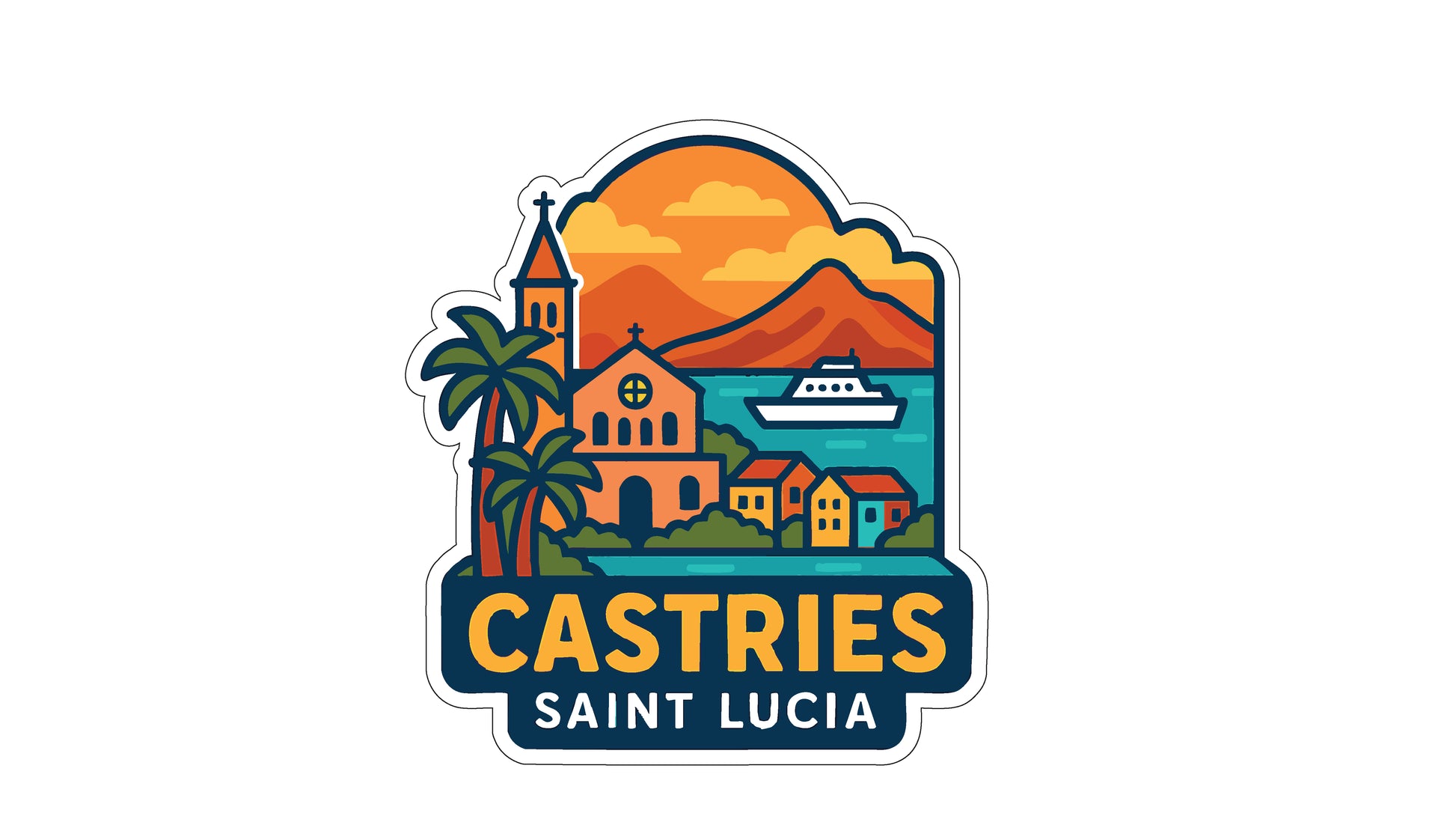 a colorful illustration of a coastal town with a church, palm trees, and a boat on the water.