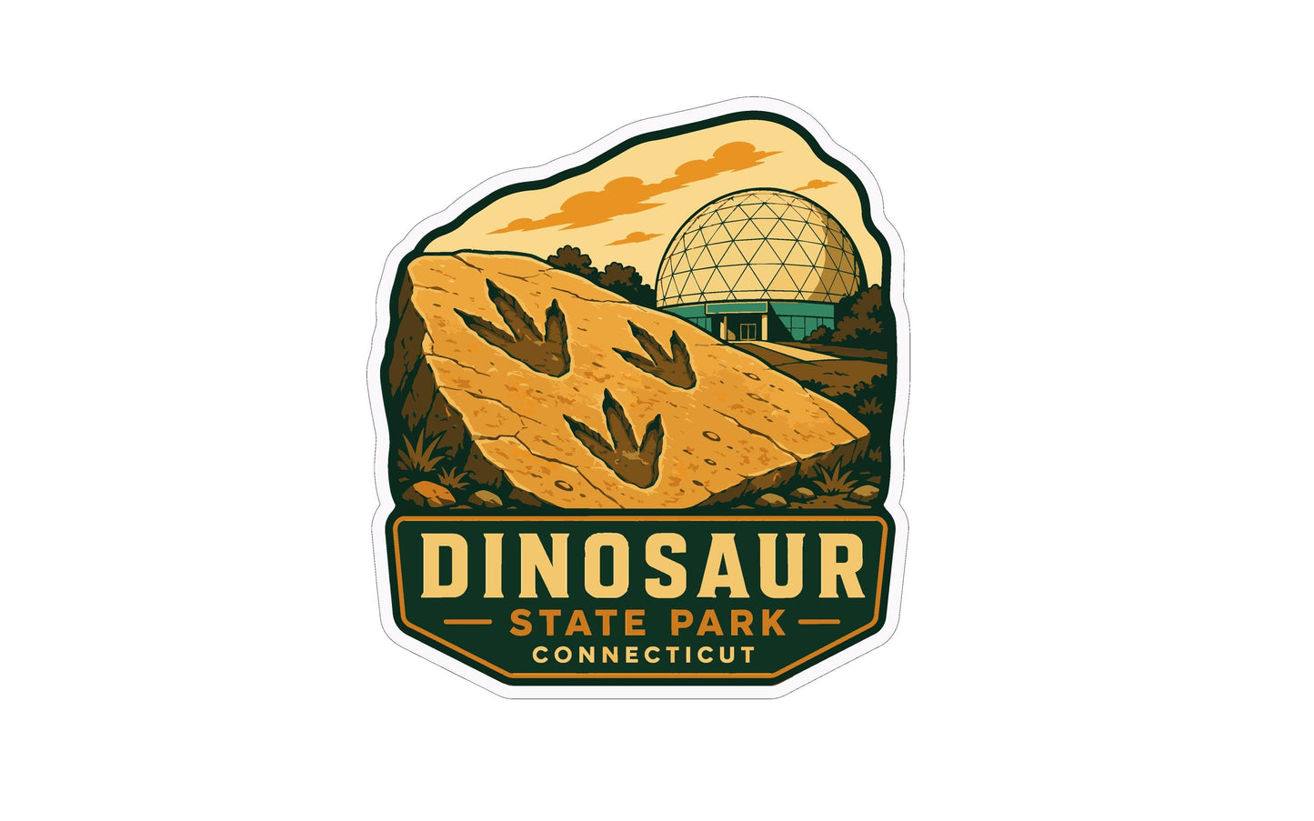 A sticker or emblem featuring dinosaur footprints on a rock, with a domed structure in the background, likely representing Dinosaur State Park in Connecticut.