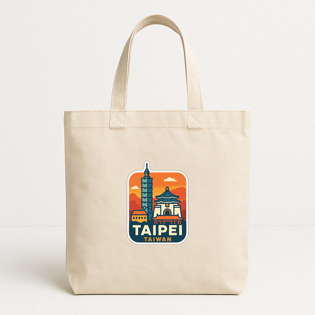 A beige tote bag with a printed design featuring the iconic Taipei skyline and the text "TAIPEI TAIWAN".