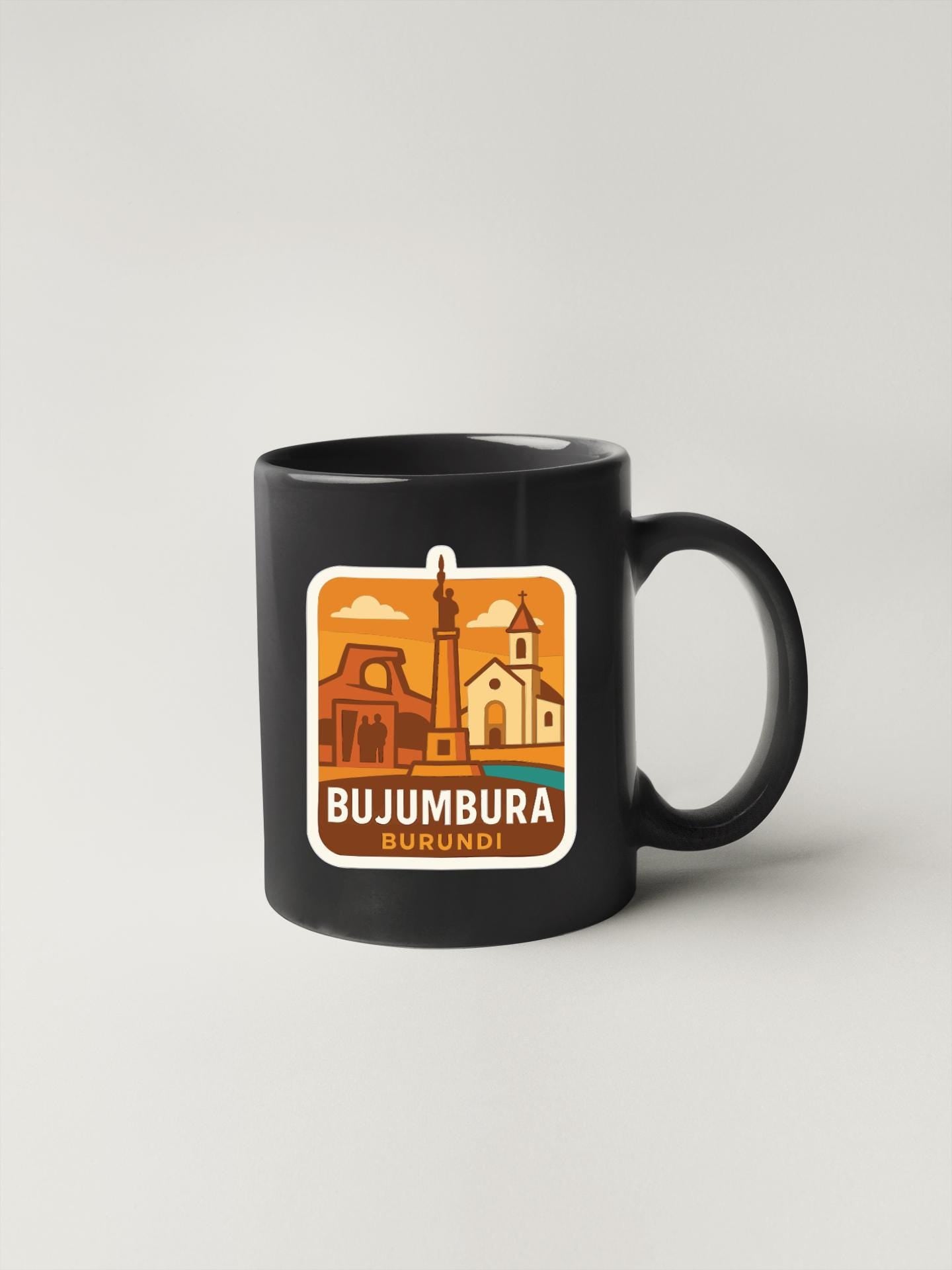 A black coffee mug with a graphic design featuring the city of Bujumbura, Burundi.