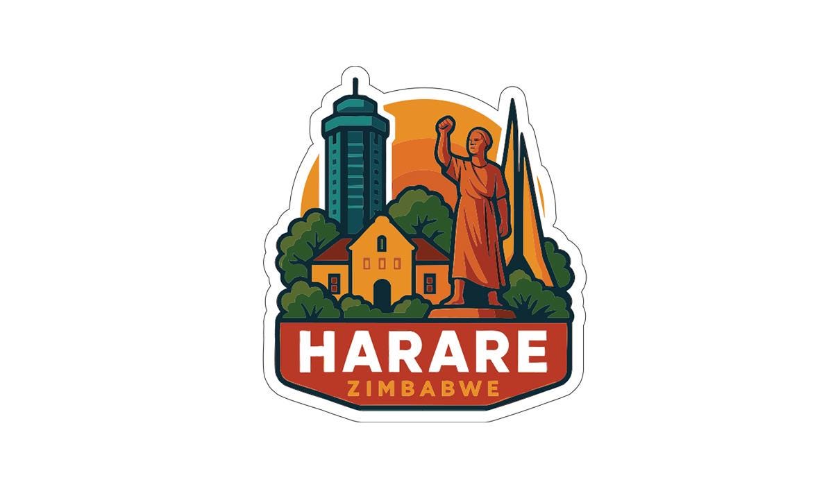 a stylized illustration of Zimbabwe, with a prominent statue of Zimbabwe's national hero, Zimbabwe, surrounded by various landmarks and elements that represent the country's culture and history.