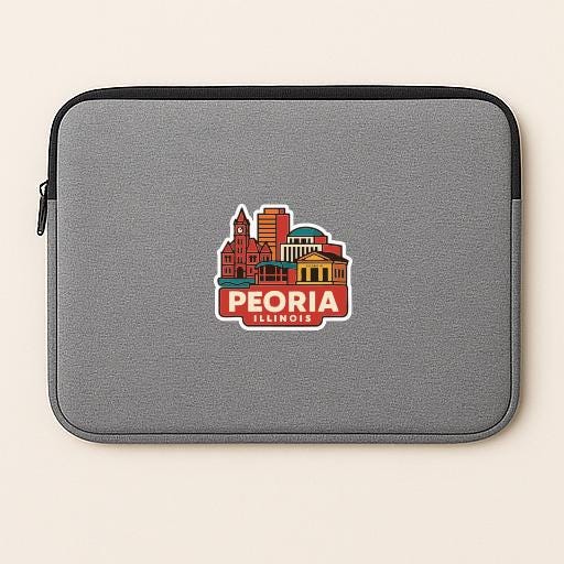 A gray laptop sleeve with a colorful graphic of the city of Peoria, Illinois, featuring various landmarks and buildings.